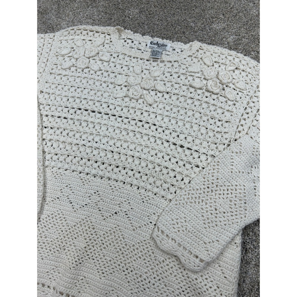 Exclusive Imports Vintage Crochet Floral Sweater Cream Ramie Cotton Medium #0931